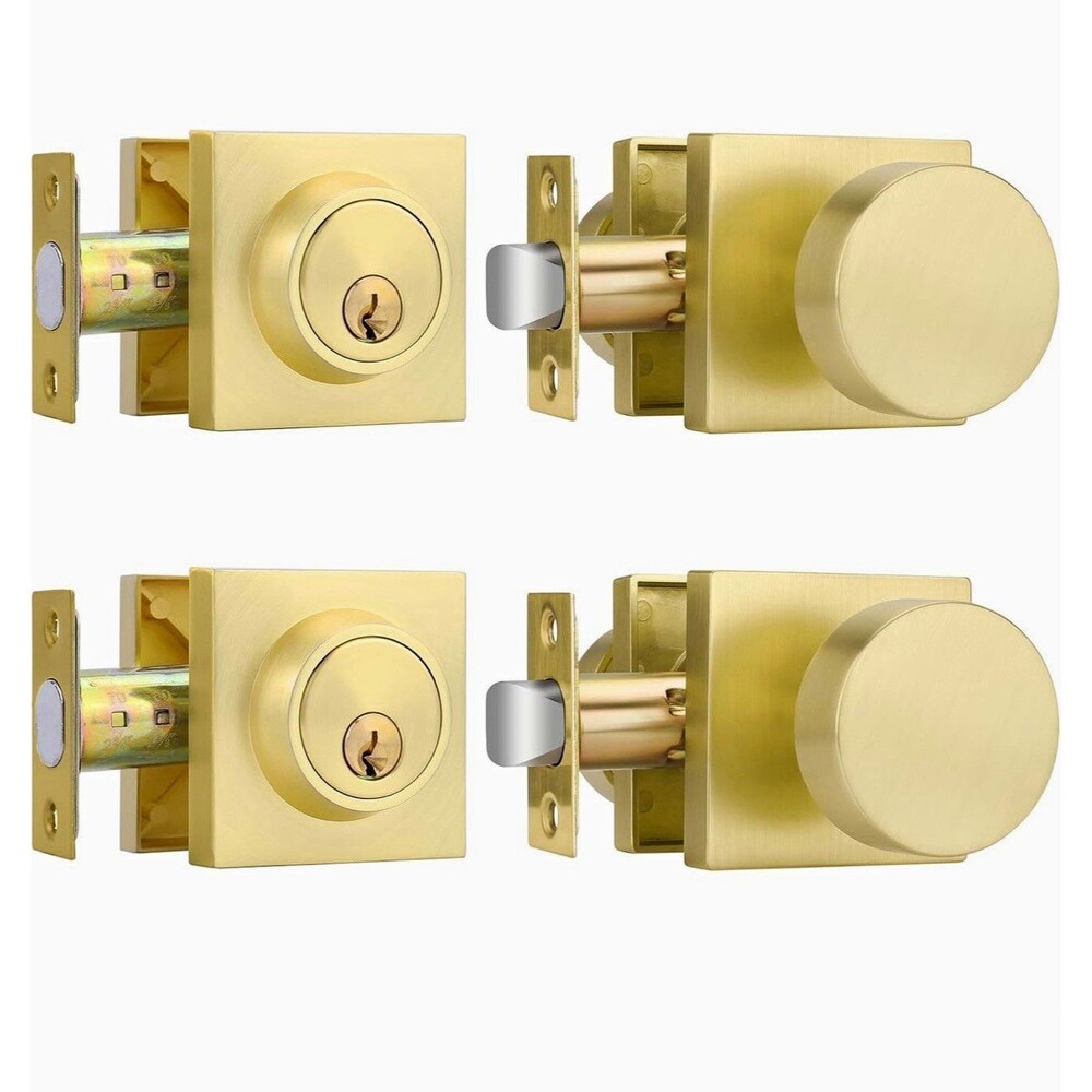 NIB Set of 2 Gold Zinc Alloy Deadbolt Keyed Entry Door Knobs Modern Square Look